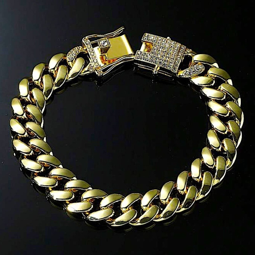 Gold Chain Link Bracelet, Cuban, Rhinestone Closure